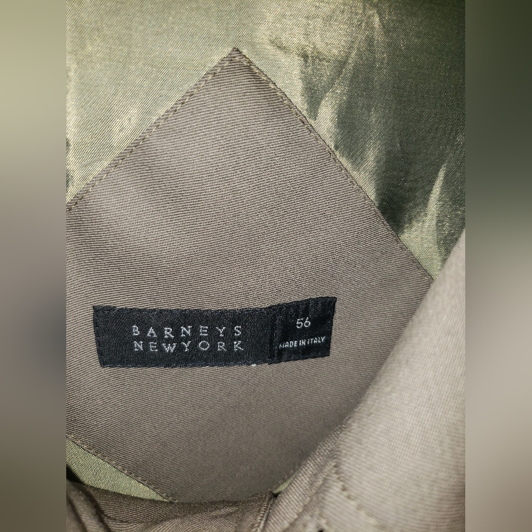 Vtg. Barneys New York Olive Green Quilted Wool Lined Trench Leather Buckle Coat